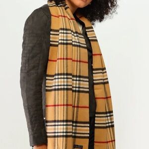 V. Fraas Cashmink Style Beige Black Red Plaid Scarf w/Fringe (NWOT)